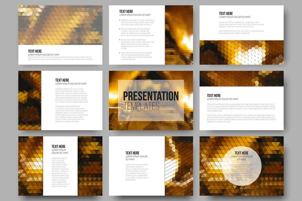 Set of 9 templates for presentation slides.Golden abstract backgrounds. Geometrical patterns. Triangular and hexagonal style vector illustration — Stok Vektör