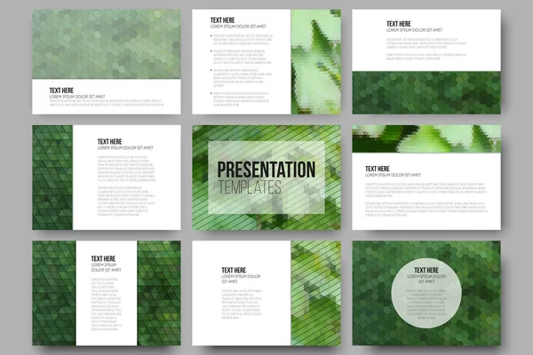 Set of 9 templates for presentation slides. Green leaves texture. Abstract multicolored backgrounds. Natural geometrical patterns. Triangular and hexagonal style — Διανυσματικό Αρχείο