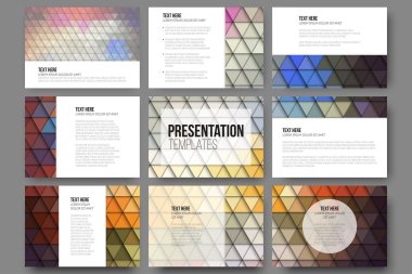 Set of 9 templates for presentation slides. Abstract vibrant backgrounds. Triangle design vectors