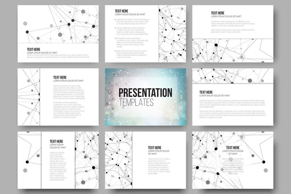 Conjunto de 9 modelos para slides de apresentação. Desenho da estrutura molecular, fundo vetor científico azul —  Vetores de Stock