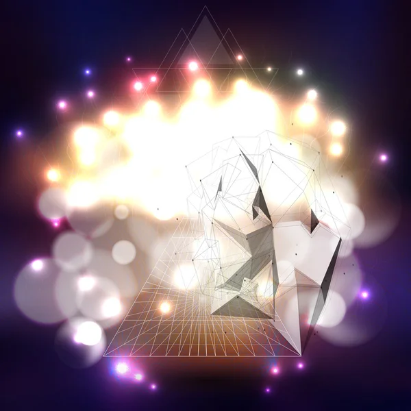 Astratto sfondo multicolore con luci bokeh e stelle. Piramide vettoriale 3D, disegno scientifico o digitale, illustrazione vettoriale scientifica — Vettoriale Stock