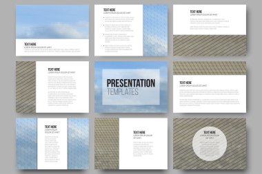 Set of 9 templates for presentation slides. Dry land and blue sky with clouds. Abstract multicolored backgrounds. Natural geometrical patterns. Triangular, hexagonal style vector