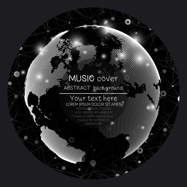 Music album cover templates. World globe, global network. Molecule structure, black background,  vector illustration — 图库矢量图片