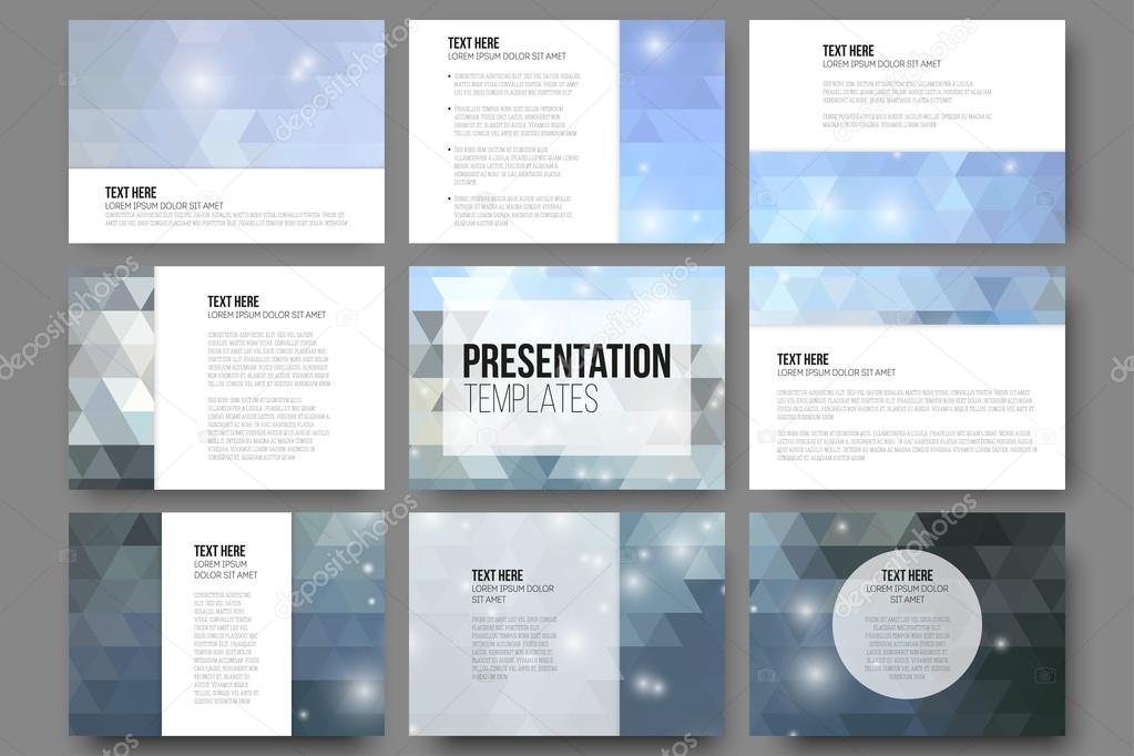 Set of 9 templates for presentation slides. Abstract blue backgrounds. Triangle design vectors