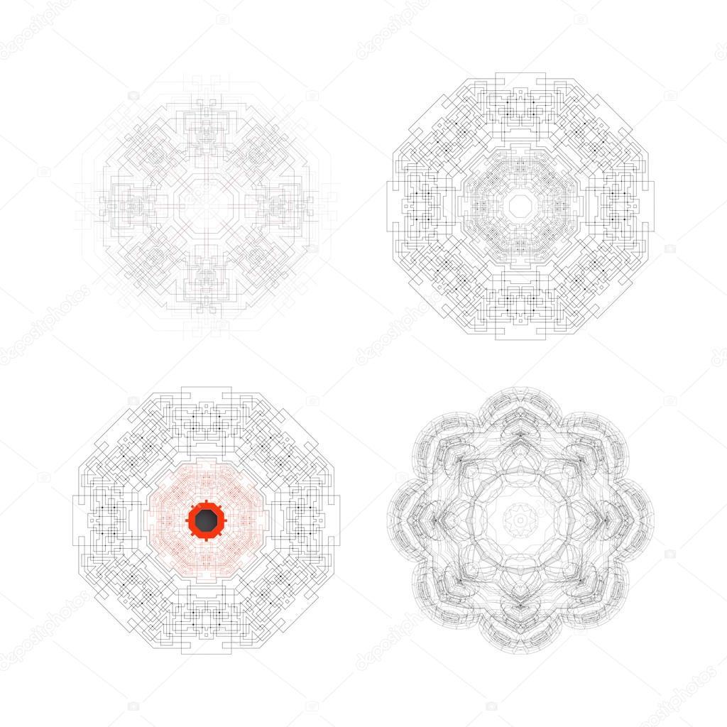 Set of Round vector shapes, technical constructions with connected lines and dots, digital design patterns isolated on white