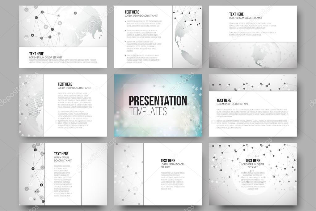 Set of 9 vector templates for presentation slides. Molecule structure, dotted world globe. Scientific graphic design