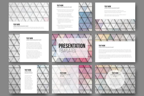 Conjunto de 9 plantillas para diapositivas de presentación. Fondos vibrantes abstractos. Vectores de diseño triangular — Vector de stock