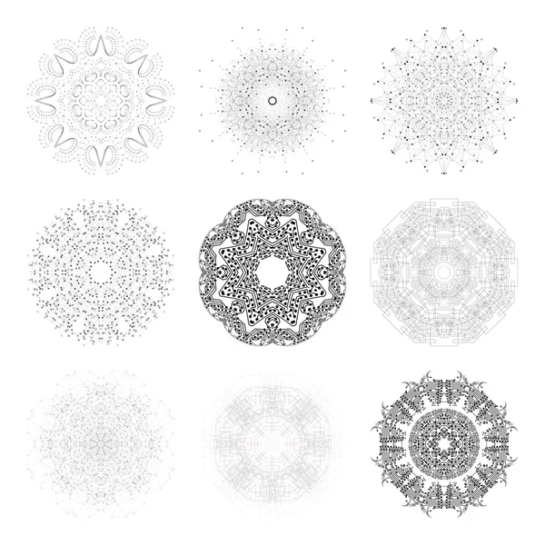 Set of round vector shapes, technical constructions with connected lines and dots, scientific or digital design patterns isolated on white — Stock Vector