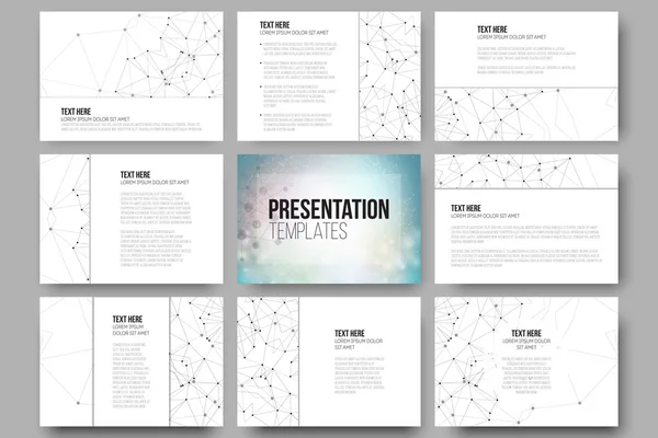 Set di 9 modelli per diapositive di presentazione. Design della struttura molecolare, sfondo vettoriale scientifico blu — Vettoriale Stock