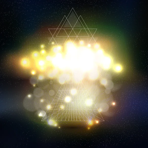 Abstrato fundo multicolorido com luzes bokeh e estrelas. Pirâmide vetorial 3D, design científico ou digital, ilustração vetorial de ciência — Vetor de Stock