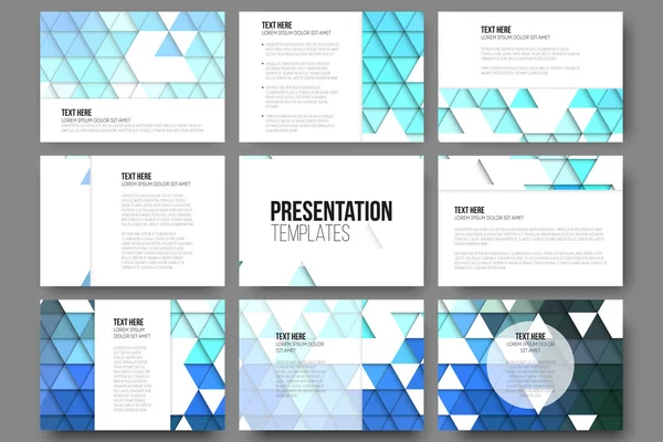 Conjunto de 9 modelos para slides de apresentação. Fundo azul abstrato. Vetores de projeto de triângulo —  Vetores de Stock