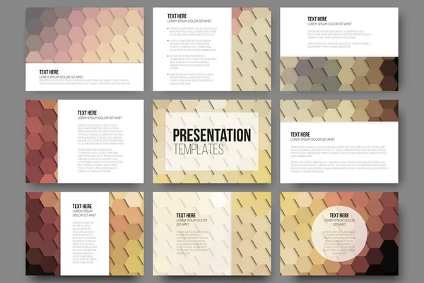Set of 9 templates for presentation slides. Colorful geometric backgrounds, abstract hexagonal vector patterns — ストックベクタ