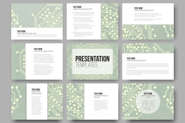 Set of 9 templates for presentation slides. Microchip backgrounds, electrical circuits backdrops. Business patterns, science vector design