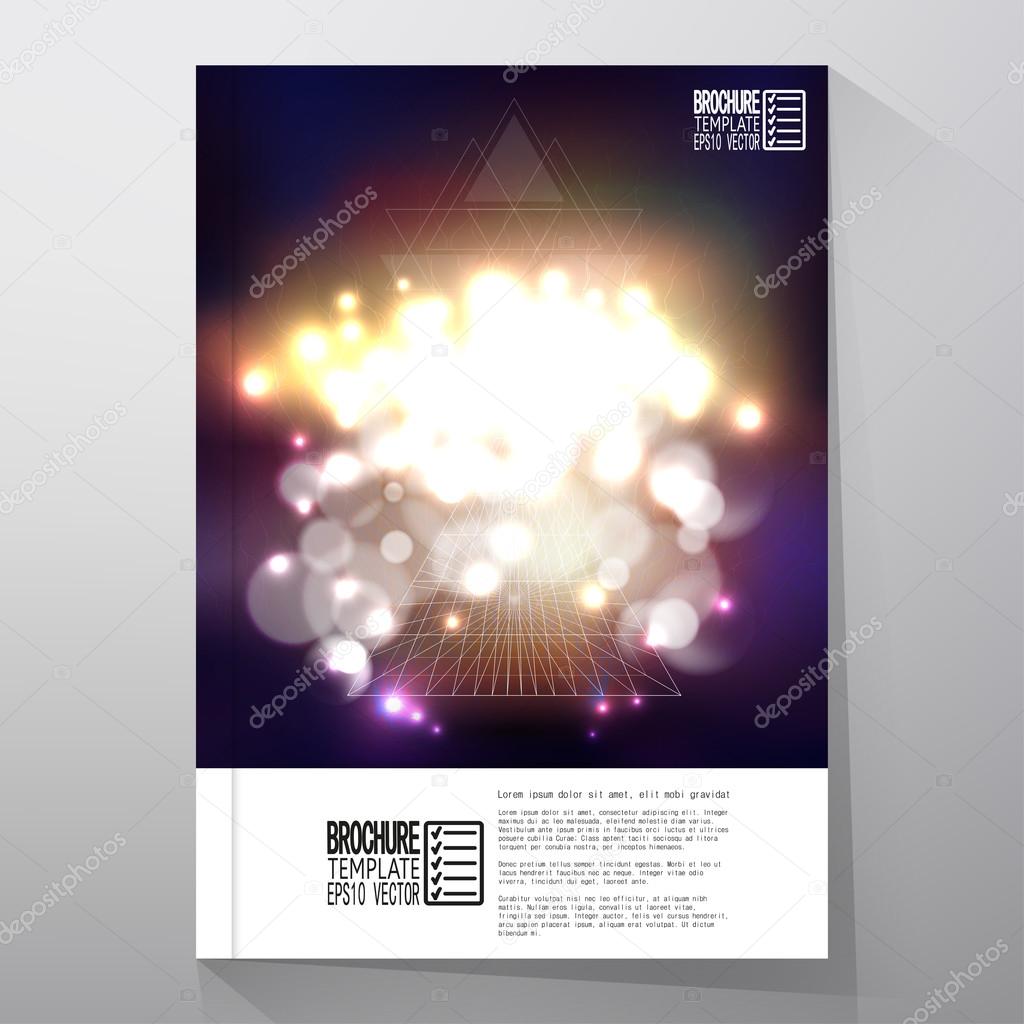 Business template for brochure, flyer or booklet. Abstract multicolored background with bokeh lights and stars. Vector 3D pyramid, scientific digital design, science vector illustration