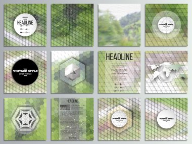 Set of 12 creative cards, square brochure template design. Nature landscape. Abstract multicolored backgrounds. Natural geometrical patterns. Triangular and hexagonal style vector illustration