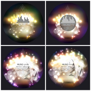 Set of 4 music album cover templates. Abstract multicolored backgrounds with bokeh lights and stars. Vector 3D pyramids, vector illustration