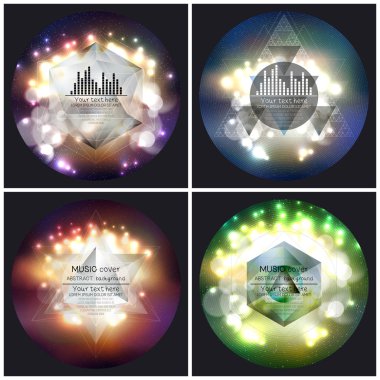 Set of 4 music album cover templates. Abstract multicolored backgrounds with bokeh lights and stars, vector illustration