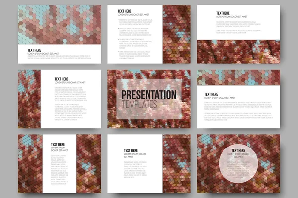 Set of 9 templates for presentation slides. Purple flowers. Abstract multicolored backgrounds. Natural geometrical patterns. Triangular and hexagonal style — Stok Vektör