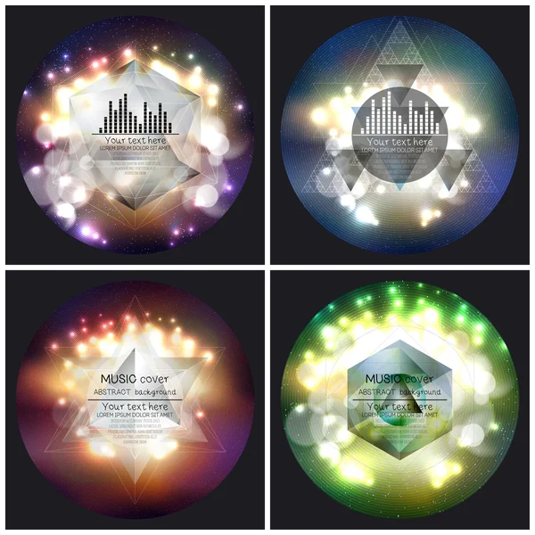 Set of 4 music album cover templates. Abstract multicolored backgrounds with bokeh lights and stars, vector illustration — Διανυσματικό Αρχείο