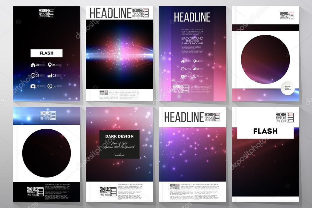 Set of business templates for brochure, flyer or booklet. Flashes against dark background