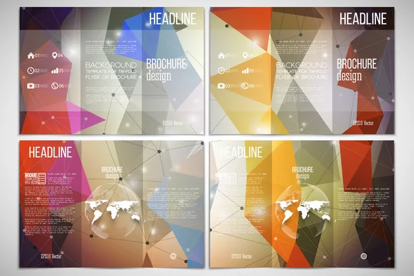 Ensemble vectoriel de gabarit de conception de brochure en trois volets des deux côtés avec élément globe mondial. Fond multicolore abstrait, illustration vectorielle de style numérique — Image vectorielle