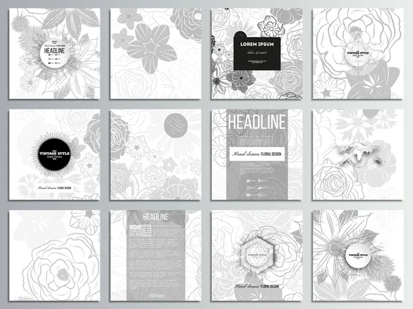 Set de 12 cartes créatives, conception de gabarit de brochure carrée. Modèle de gribouillage floral dessiné à la main, fond vectoriel abstrait — Image vectorielle