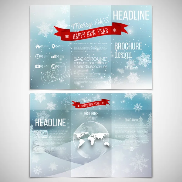 Set vettoriale di brochure trifold modello di design su entrambi i lati con elemento globo mondo. Buon Natale e felice anno nuovo sfondo vettoriale — Vettoriale Stock