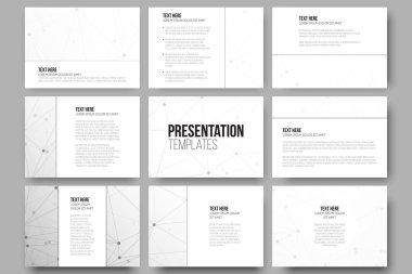 Set of 9 templates for presentation slides. Molecular structure design, scientific vector background