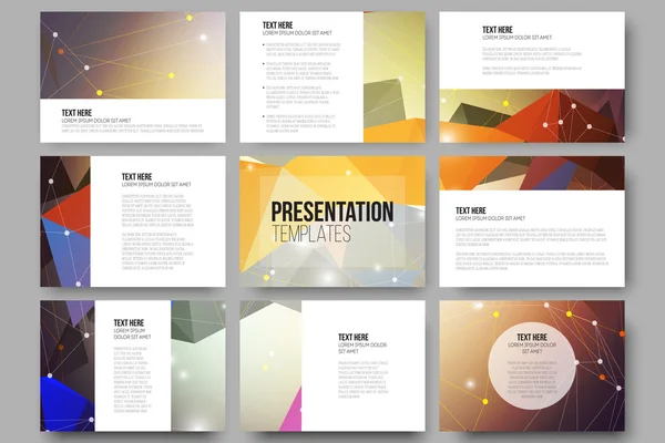Conjunto de 9 modelos vetoriais para slides de apresentação. Desenho gráfico colorido, fundo abstrato —  Vetores de Stock