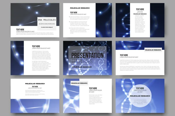 Set of 9 vector templates for presentation slides. DNA molecule structure on dark blue background. — Stock Vector