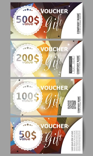 Set of modern gift voucher templates. Colorful triangle design, abstract vector background — Stockový vektor