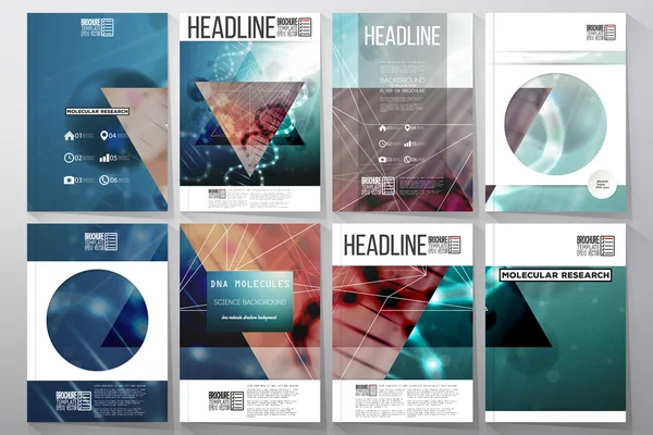 Conjunto de plantillas de negocio para folleto, folleto o folleto. Estructura de la molécula de ADN sobre un fondo verde . — Vector de stock
