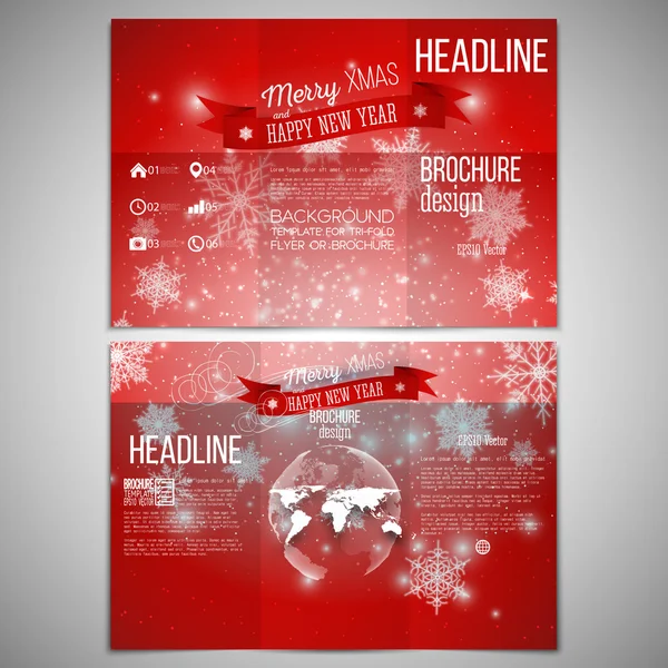 Set vettoriale di brochure trifold modello di design su entrambi i lati con elemento globo mondo. Buon Natale e felice anno nuovo sfondo vettoriale — Vettoriale Stock