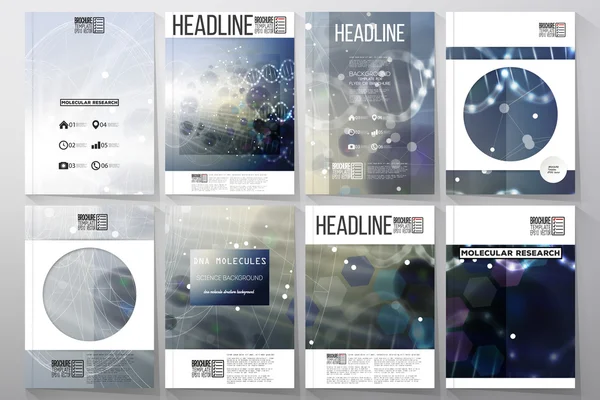 Broşür, el ilanı ya da broşür için iş şablonları kümesi. Mavi bir arka plan üzerinde DNA molekül yapısı.