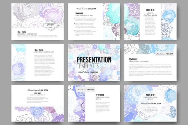 Conjunto de 9 plantillas para diapositivas de presentación. Dibujado a mano patrón de garabato floral, fondo vector abstracto — Vector de stock