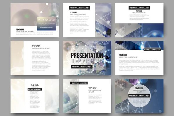 Set of 9 vector templates for presentation slides. DNA molecule structure on blue background.
