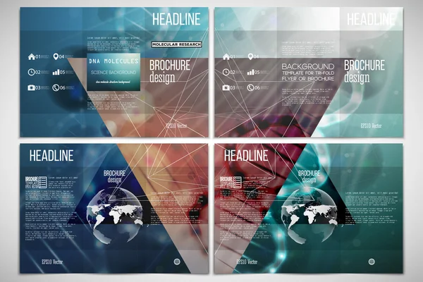 Conjunto vectorial de tríptico plantilla de diseño de folleto en ambos lados con elemento globo mundo. Estructura de la molécula de ADN, fondo verde . — Vector de stock