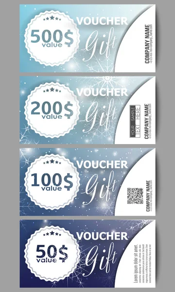 Set of modern gift voucher templates. Blue abstract winter background. Christmas vector style with snowflakes — Stockový vektor