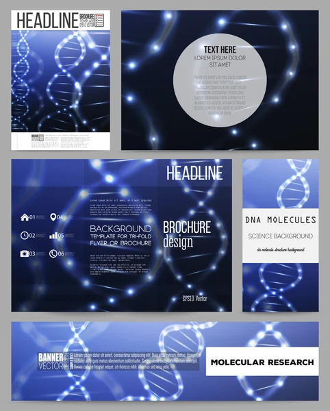 Reeks zakelijke sjablonen voor presentatie, brochure, flyer of brochure. DNA-molecuul structuur op donker blauwe achtergrond. Wetenschap vector achtergrond — Stockvector