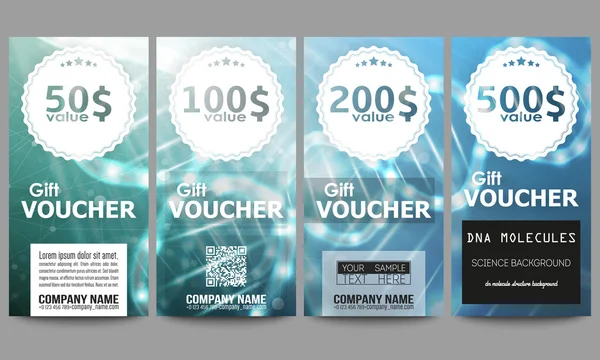 Set van moderne gift voucher sjablonen. DNA-molecuul structuur op donker blauwe achtergrond. Wetenschap vector achtergrond — Stockvector