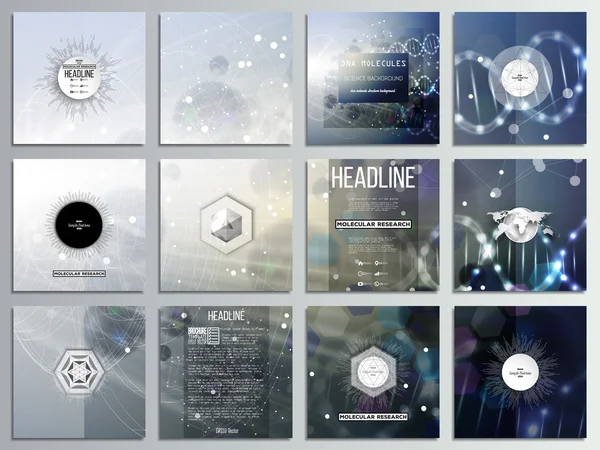 Set of 12 creative cards, square brochure template design. DNA molecule structure on dark blue background.