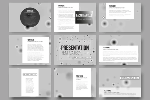 Jeu de 9 modèles vectoriels pour diapositives de présentation. Recherche moléculaire, cellules en gris, fond scientifique — Image vectorielle