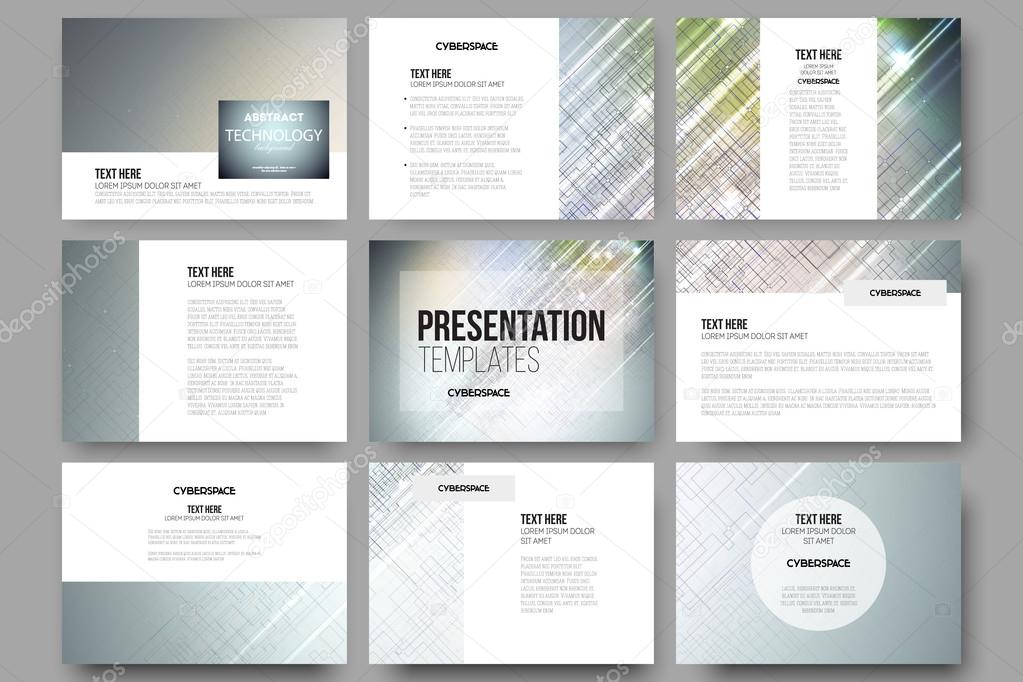 Set of 9 templates for presentation slides. Abstract science or technology vector background