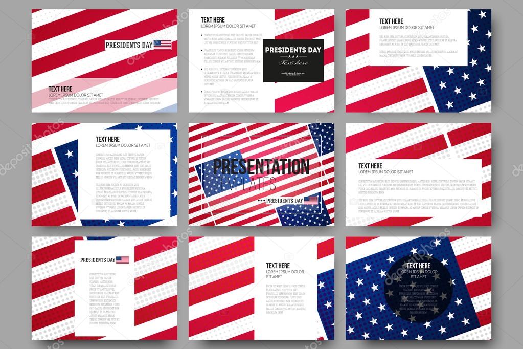 Set of 9 templates for presentation slides. Presidents day background with american flag, abstract vector illustration