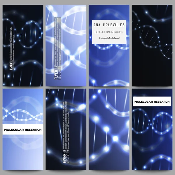 Ensemble de flyers modernes. Structure des molécules d'ADN sur fond bleu foncé. Fond vectoriel scientifique — Image vectorielle