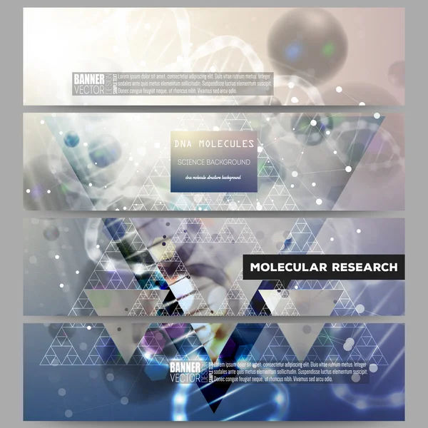 Set of modern vector banners. DNA molecule structure on dark blue background. — Stock Vector