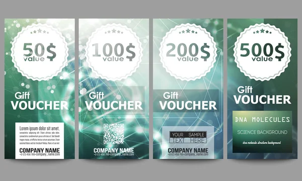 Set of modern gift voucher templates. DNA molecule structure on dark green background. Science vector background — Stock Vector