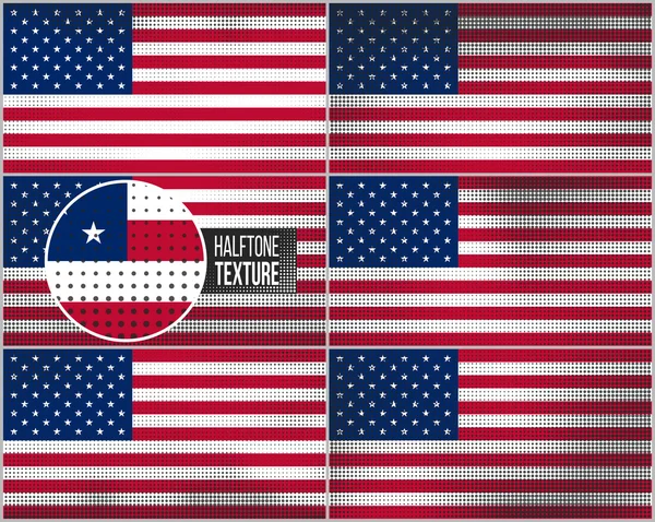 Ensemble de drapeaux américains dans un style rétro sale avec effet demi-ton abstrait — Image vectorielle