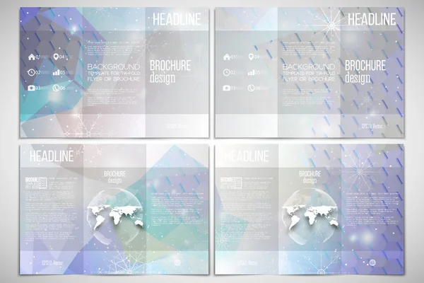 Set of tri-fold brochure design template on both sides with world globe element. Blue abstract winter background. Christmas vector style — ストックベクタ