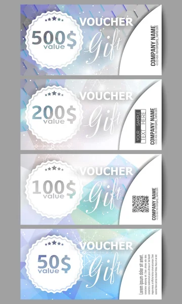 Set of modern gift voucher templates. Blue abstract winter background. Christmas vector style with snowflakes — Διανυσματικό Αρχείο